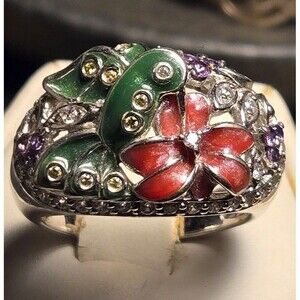 Victoria Wieck Hummingbird Enamel and Sterling Silver Sz 8